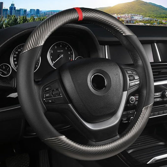 KAFEEK Carbon Fiber Steering Wheel Cover for Men, Car Accessories, Grey | Universal 15 Inch Sporty & Thin Cover, Anti-Slip Breathable Leather with Racing Red Center Stripe