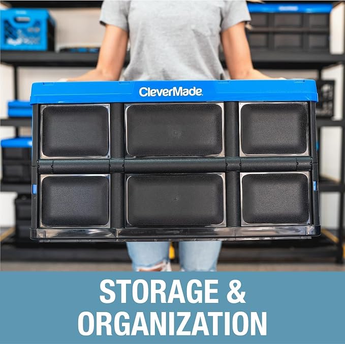 CleverMade Collapsible Plastic Storage Bins, 46L 3 Pack, Stacking, Ocean | Built-in handles simplify garage, car and household organization, while the roomy open-top keeps bulky supplies accessible