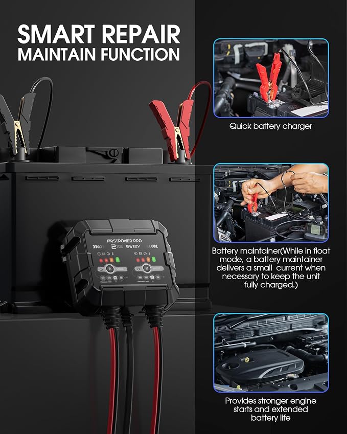 2-Bank, 4A (2A/Bank) Trickle Charger for Car Battery, 12V 6V Car Battery Charger, Automotive Battery Trickle Charger, Maintainer, for Motorcycle Lawn Mower AGM, Lithium Batteries