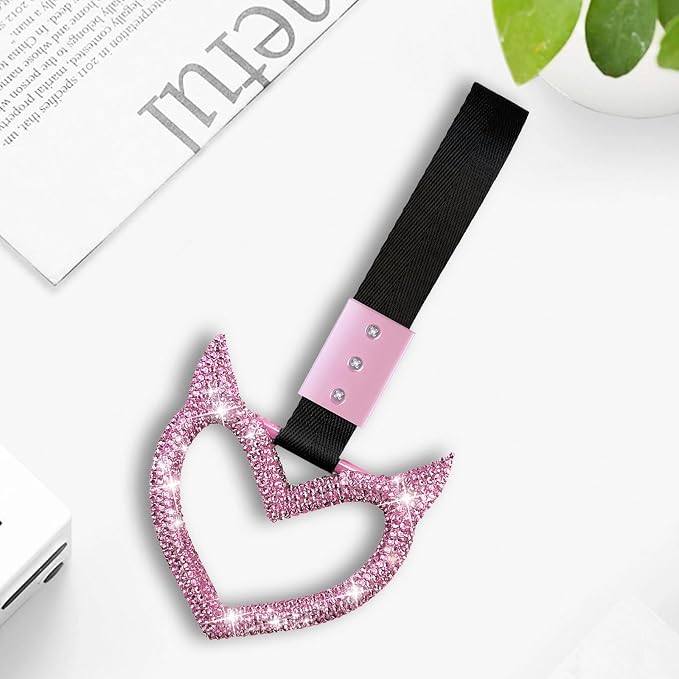 NBTEPEM Bling Heart Handle Keychains Bling Car Accessories for Women Hand Strap Drift Charm Rear Bumper Warning Ring Tsurikawa Heart Decor for Car Interior Exterior Decoration (Pink, Devil Style)
