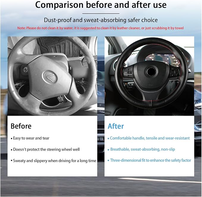 Kewucn Genuine Leather Steering Wheel Cover, 15" Universal Car Steering Wheel Protector with Needle Thread, Breathable Anti-Slip Steering Wheel Cover DIY Stitch on Wrap (Black & Red, Full Hole)