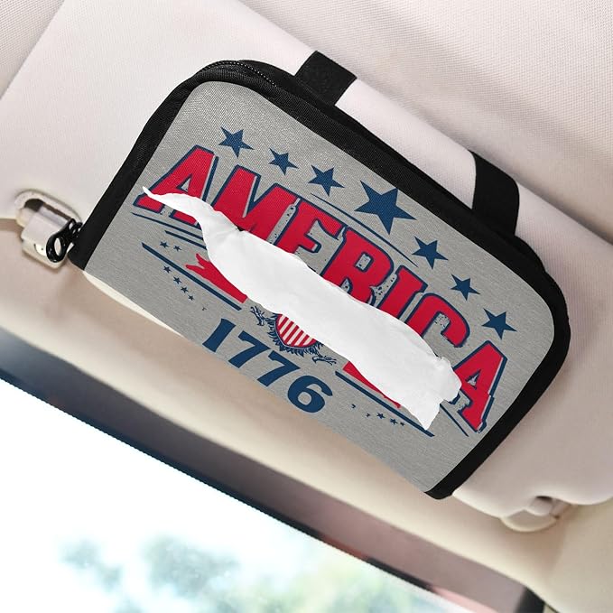 Car Tissue Holder Car Napkin Holder Tissue Box Dispenser Storage Case Sun Visor Mask Holder Accessories with Adjustable Straps Reusable Refillable USA Patriotic 1776