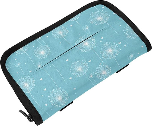 Car Tissue Holder Car Napkin Holder Tissue Box Dispenser Storage Case Sun Visor Mask Holder Accessories with Adjustable Straps Reusable Refillable Bright Blue Dandelion Heart