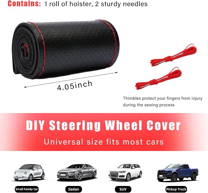Augeny Genuine Leather Steering Wheel Cover, Breathable Anti-Slip Car Steering Wheel Protector Stitch on Wrap for Max Diameter 15 Inch, DIY Sewing with Needle Thread (Full Hole, Black & Red)