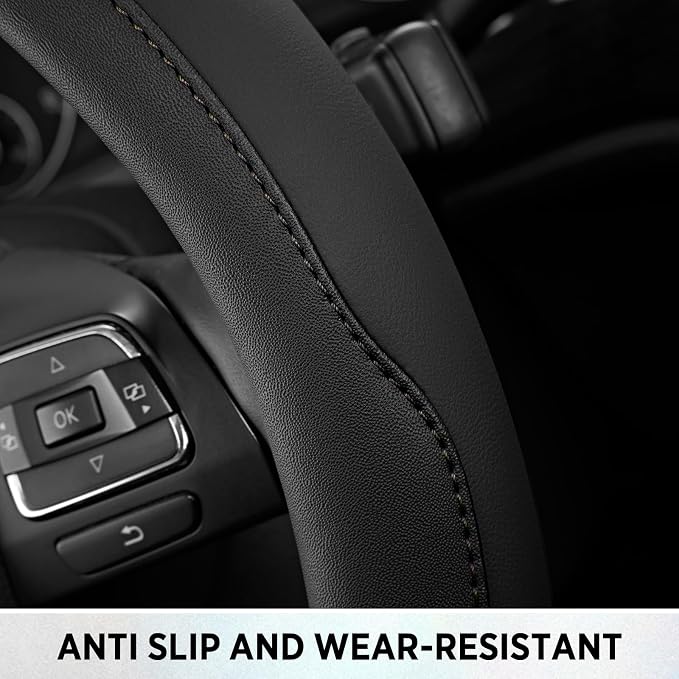Road Comforts Steering Wheel Cover, Breathable Anti-Slip Leather Steering Wheel Cover, Universal Fit 14.5–15 Inch, Comfortable Grip - Black Color
