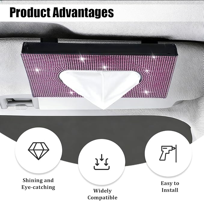 Bling Car Visor Tissue Holder, Shiny Rhinestone Leather Sun Visor Napkin Mask Case Holder Clip, Diamond AUT Paper Tissue Towel Box Dispenser, Universal Fit (Pink/Black)