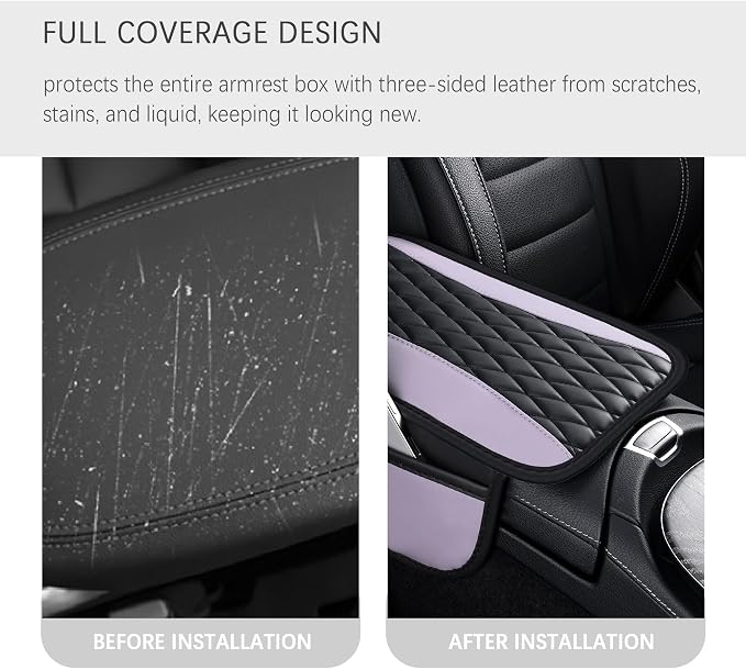 IHOTDER Patchwork Leather Center Console Covers for Cars,Upgraded Arm Rest Cover for Car with Side Storage Pocket for Car Seat Organizer,Middle Console Cover Stylish Car Decoration (Taro Purple)