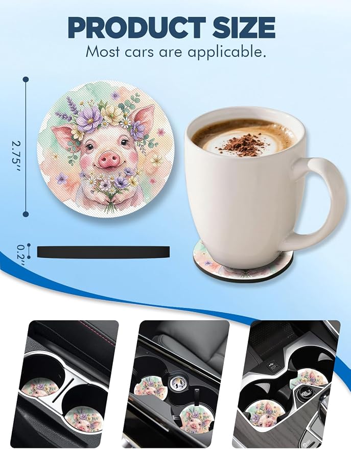 WOCOCN Car Coasters for Cup Holders - 2 Pack 2.75" Universal Rubber Car Cup Coaster, Non-Slip Waterproof Car Interior Accessories, Cute Car Decor Gifts for Women and Men (Cute Pig)