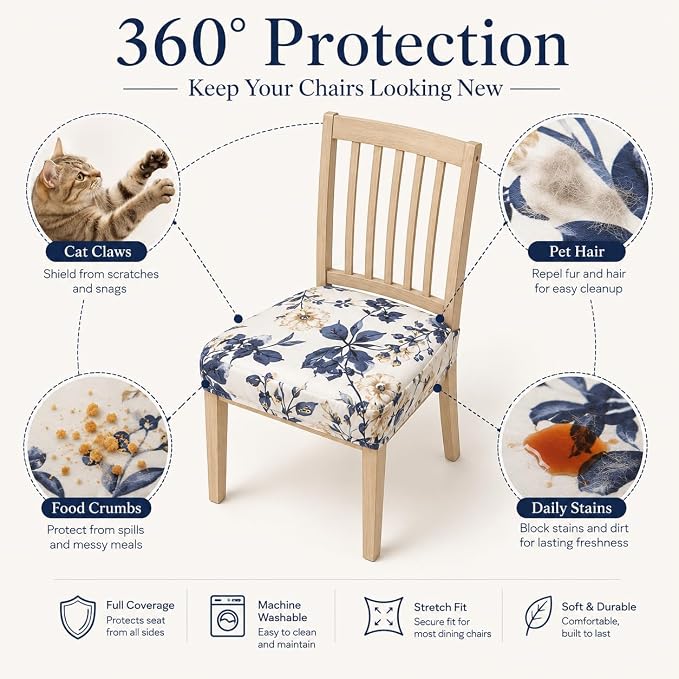 NILUOH Waterproof Seat Covers for Dining Room Chairs Set of 6, Chair Seat Slipcovers Dining Chair Cover Removable Washable Chair Protctor Cover, Rear Covers