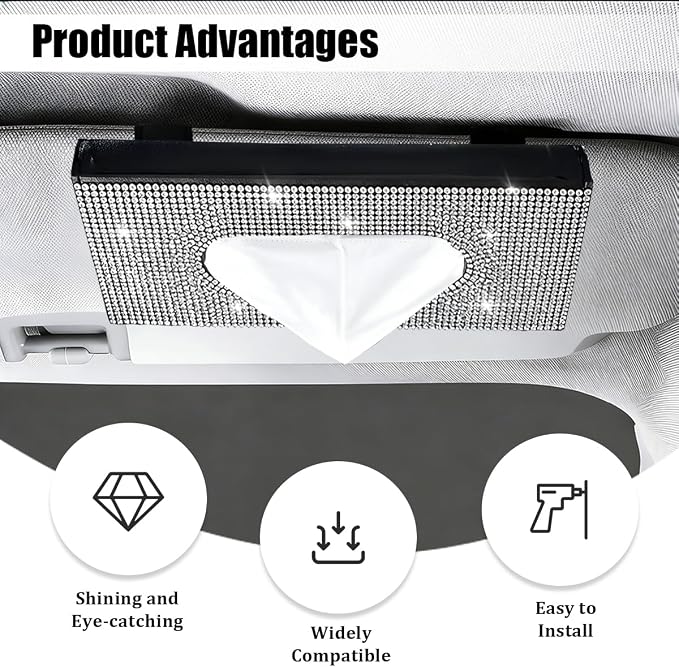 Bling Car Visor Tissue Holder, Shiny Rhinestone Leather Sun Visor Napkin Mask Case Holder Clip, Diamond AUT Paper Tissue Towel Box Dispenser, Universal Fit (White/Black)