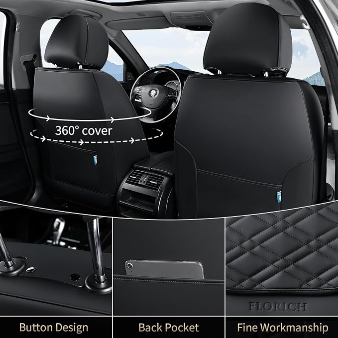 FLORICH Seat Covers, Front Seat Covers 2 PCs, Automotive Seat Cover for Cars, Luxury Leather Universal Seat Cover Accessories Fit for Most Cars SUV Truck Sedans(Black)
