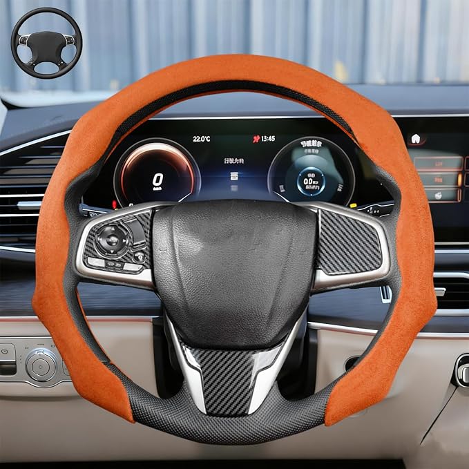 Car Steering Wheel Cover, Soft Brethable Suede Non-Slip Vehicle Steering Wheel Protector, Comfortable Sporty Auto Interior Protection Accessories, Universal for Truck SUV Van (Orange)