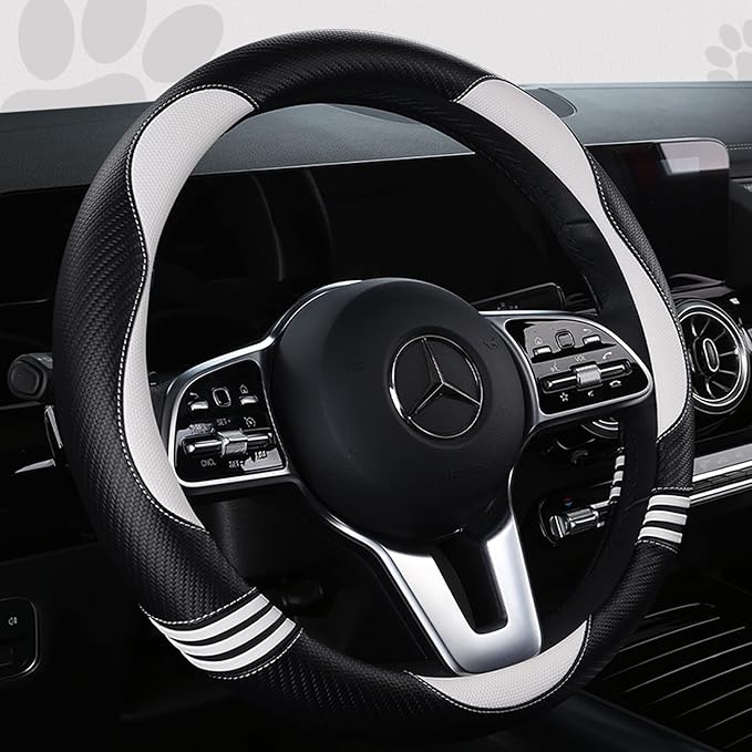 HighnessHwoo Car Steering Wheel Covers for Women Padded Carbon Fiber PU Leather Cute Auto Interior Accessories for Vehicle, Sedan, Universal, Anti Slip, White, Standard Size, 14.75-15.15in