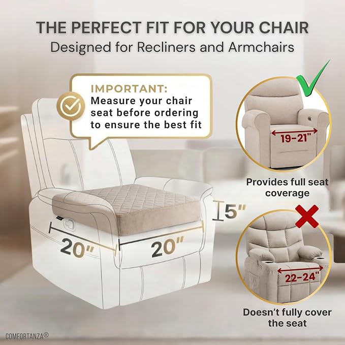 Medium-Soft 20x20x5 Memory Foam Recliner Chair Seat Cushion for Long Sitting - Armchair Pad with Washable Velvety Cover with Waterproof Layer & Non-Slip Base for Seniors & Elderly - Beige