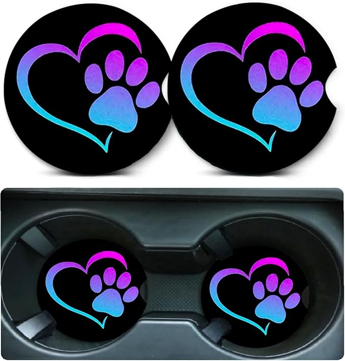 2 Pack Love Dog Paw Car Cup Holder Coasters Universal Neoprene Coasters | 2.75" Universal Size Anti Slip Rubber Mat, Auto Cup Holder Accessories for SUV Truck, Dog Lovers Gifts for Women Men Mom