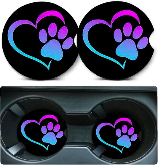 2 Pack Love Dog Paw Car Cup Holder Coasters Universal Neoprene Coasters | 2.75" Universal Size Anti Slip Rubber Mat, Auto Cup Holder Accessories for SUV Truck, Dog Lovers Gifts for Women Men Mom