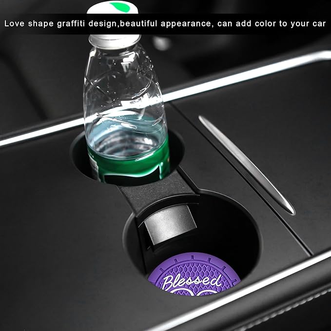 2 PCS Car Cup Holder Coaster, 2.76 Inch Soft PVC Non-Slip Blessed Cross and Heart Christian Car Cup Coasters, Auto Interior Shockproof Insert Drink Mat for Most Vehicles (Dark Purple)