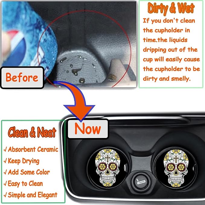 Sugar Skull Small 2.56" Absorbent Auto Coasters 2 Pack - Ceramic, Absorbs Spills, Keeps Cupholders Clean