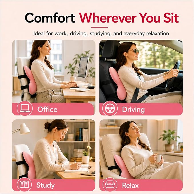 Memory Foam Lumbar Support Pillow,Back Support for Office Chair,Back Pillow for Chair,Ergonomic Lower Back Cushion for Desk Chair,Computer Chair,Gaming Chair and Car Seat,Washable Cover(Pink)