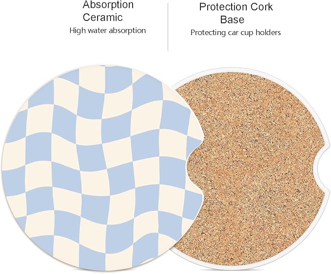 Ceramic Car Coasters – Absorbent Car Cup Holder Coaster Set for Women, Cute Aesthetic Car Accessories for Girls, 2 Pack (Light Blue)
