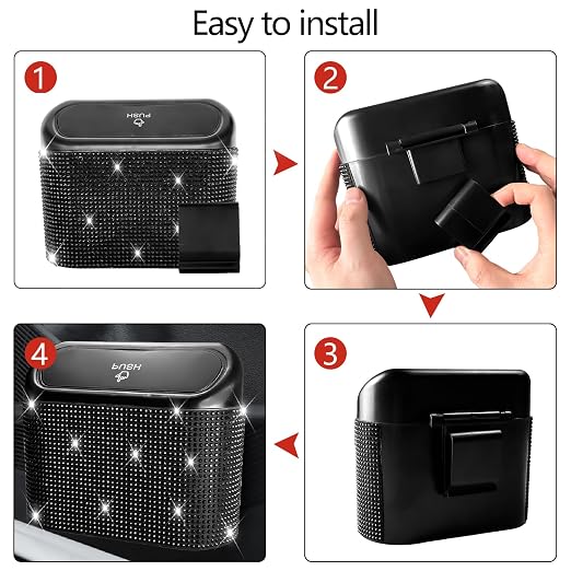 NBTEPEM Bling Car Trash Can with Lid - 2 Pack, Mini Auto Garbage Can with 60 Trash Bags, Automotive Garbage Container Bin, Bling Car Accessories Trash Can for Women (Black Diamond)