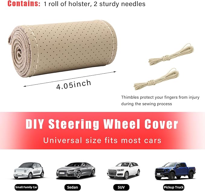 Augeny Genuine Leather Steering Wheel Cover, Breathable Anti-Slip Car Steering Wheel Protector Stitch on Wrap for Max Diameter 15 Inch, DIY Sewing with Needle Thread (Full Hole, Beige)