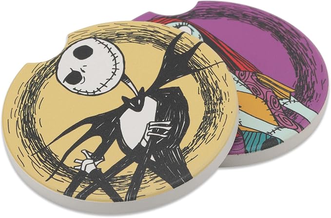 Disney The Nightmare Before Christmas Jack and Sally Ceramic Car Coasters | Fun Auto Coasters, Set of 2 for Car or Truck