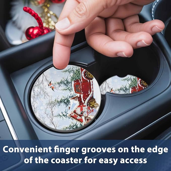 Car Coasters for Cup Holders 2.6"Dia Absorbent Coasters Set of 2 Car Interior Accessories for Women Men Ceramic Car Coaster for Drinks with Finger Grooves,Christmas Winter Snowflakes Snowman Truck Red