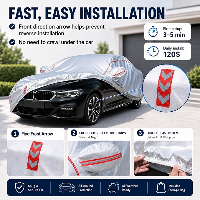 Waterproof All Weather Heavy Duty Vehicle Cover, 360° Underbody Wrap Windproof Design, Quick Install Outdoor Cover,（for BMW 3 Series 2005-2025）