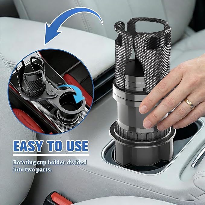 Car Cup Holder Expander, 2 in 1 Multifunctional 360° Rotating Water Bottles Holder Extender Adapter with Adjustable Base, Automotive Insert Drink Cup Adapter, Universal for Vehicles (Black)