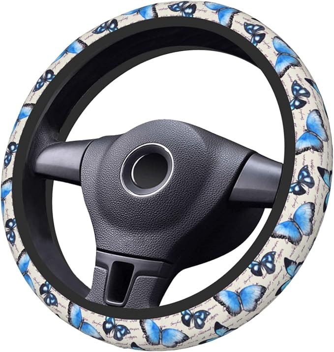 Vintage Butterfly Blue Steering Wheel Cover for Women Men Girls Car Accessories Decor Anti-Slip Neoprene Auto Steering Wheel Covers Protector Universal 15 Inch