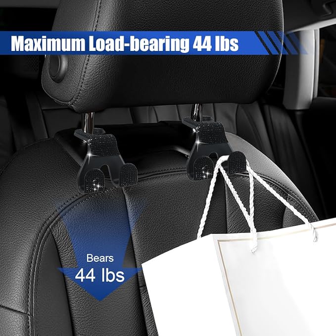 2PCS Car Seat Headrest Hooks, Shiny Crystal Hanger Holder, Backseat Hanger Storage Organizer, Bling Rhinestone Car Purse Hook, Car Accessories for Women Universal for SUV Truck Vehicle (Black)