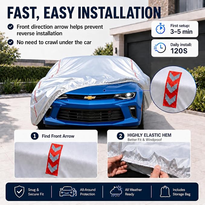 Car Cover Waterproof All Weather for Chevrolet Camaro 2010-2025,All-Around Fastening and 4 Upgrades, 120s Quick-Install for Car Cover