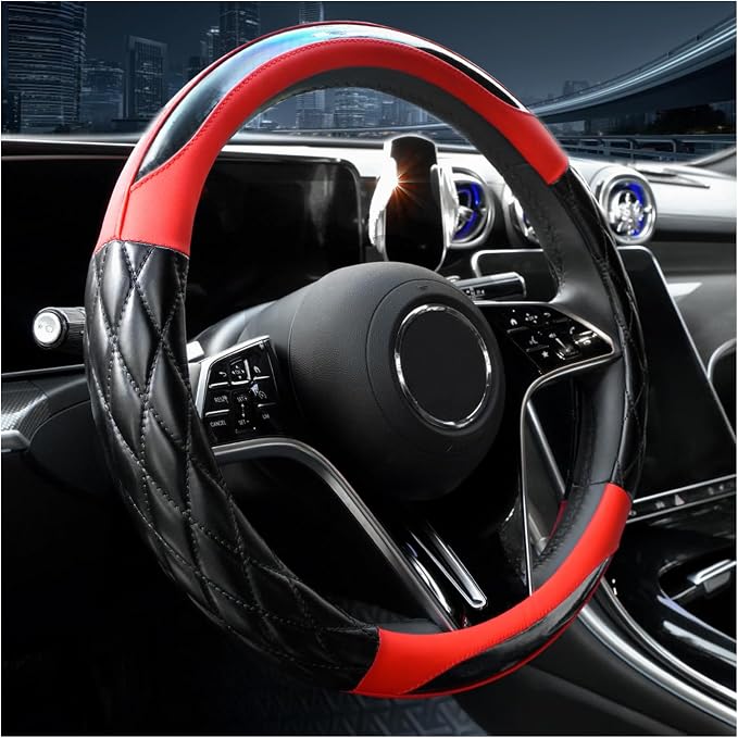 Couslcd 14.5-15 Inch Leather Steering Wheel Cover with Soft Padded Lining, Anti-Slip Comfort Grip, Universal Steering Wheel Protector for Most Cars, SUVs, Trucks (Red)