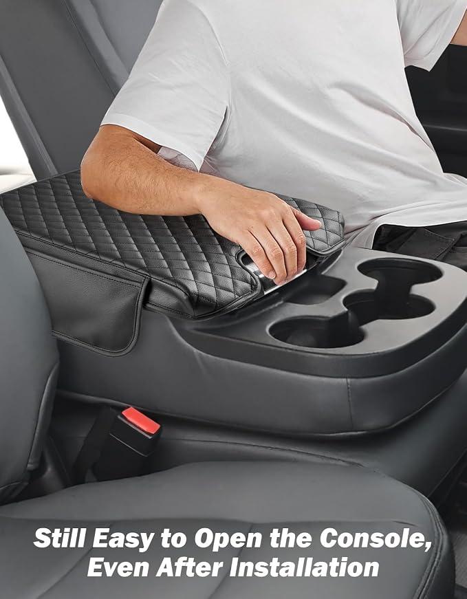 JOYTUTUS Center Console Cover Compatible with 2013-2018 Ram 1500 & 2013-2026 Ram 2500/3500/1500 Classic Model Jump Seat, Leather Arm Rest Armrest Cover for Car, Middle Console Cover Lid, with 2 Pocket