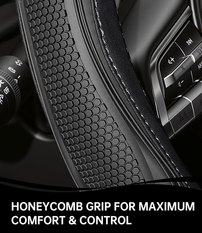 XCBYT Steering Wheel Cover - Black Leather Steering Wheel Wrap Great Grip with 3D Honeycomb Quick and Effortless Installation Non-Slip Silicone Inner Ring for Women Man Universal Fit 14.5-15 Inch