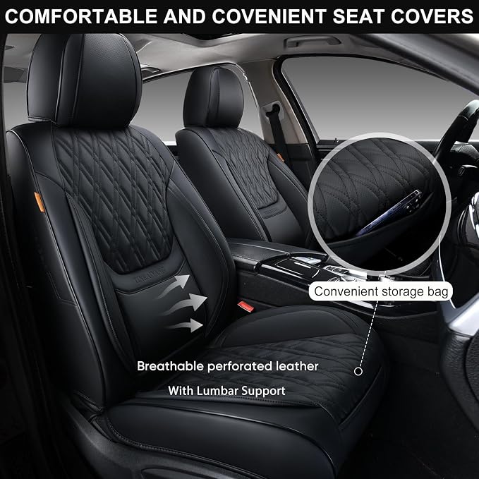 Car Seat Covers Full Set, Breathable Leather Automotive Front and Rear Seat Covers, Car Seat Protectors Full Set,Universal Automotive Vehicle Seat Cover for Most Sedan SUV Pick-up Trucks, Black