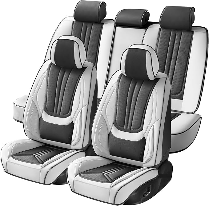 Car Seat Covers Full Set White and Black, Premium Leather Car Seat Covers, Waterproof and Breathable Seat Covers, Universal Car Seat Protector Fit for Cars, Trucks, SUVs, Pick-ups