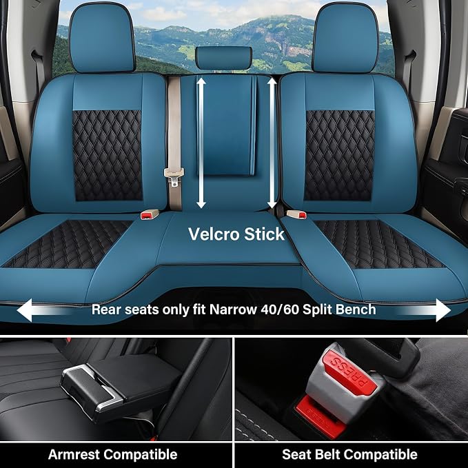 Coverado Chevy Chevrolet Silverado GMC Sierra Seat Covers Full Set, Custom Fit for 2014-2018 1500, 2015-2019 2500HD 3500HD Crew Double Extended Cab Truck, Faux Waterproof Leather Seat Covers (Blue)