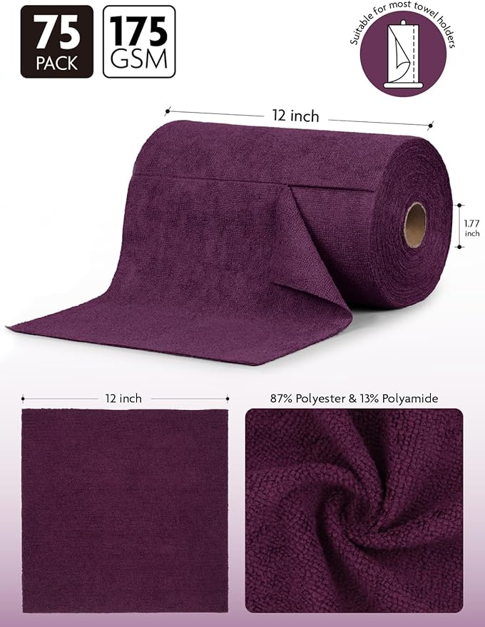 Fantasticlean Microfiber Cleaning Cloth Roll-75 Sheets, 12"x12"(DeepPurple) | Super Absorbent, Lint-free, Tear-away Microfiber Towel Roll, for All-Purpose Cleaning