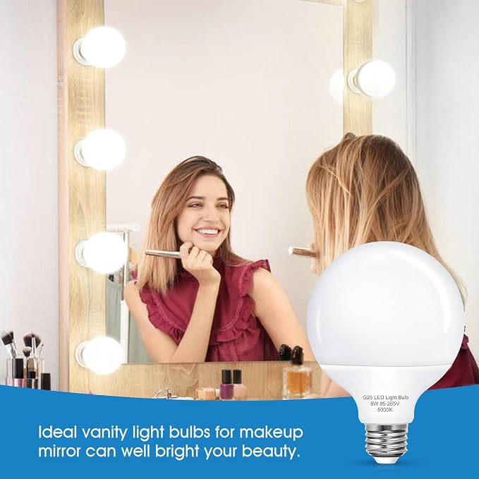 G25 LED Globe Light Bulbs, Vanity Light Bulb for Bathroom 60W Equivalent, 5000K Daylight White E26 Base, Round Decorative Bulb for Vanity Makeup Mirror, Home Lighting CRI85+, Non-Dimmable, 6 Pack