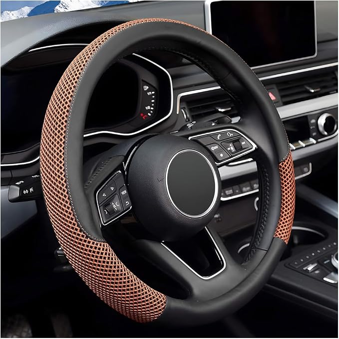 Car Steering Wheel Cover, 14.5-15" Microfiber Leather Ice Silk Breathable Non-Slip Steering Wheel Protector, Cool Auto Interior Decor Accessories, Universal for Truck SUV Van (Coffee)