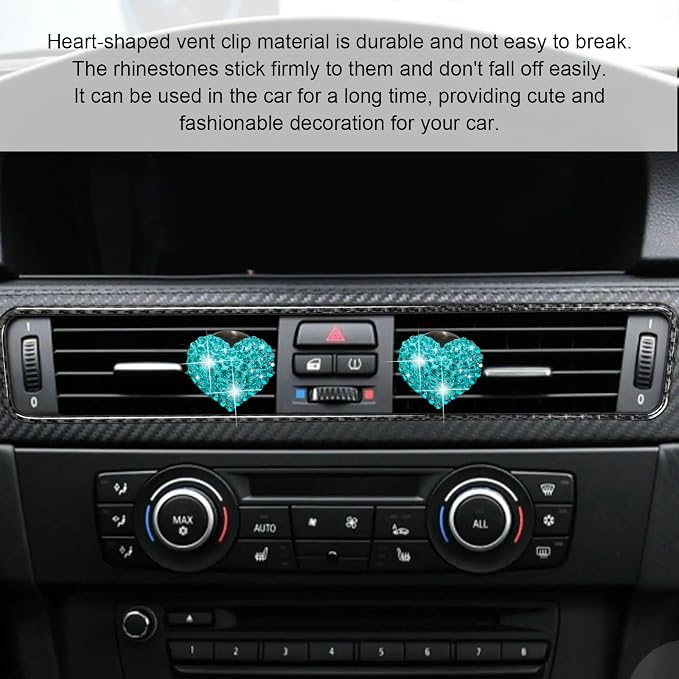 2Pcs Car Air Vent Clip, Bling Crystal Heart Charms Car Air Vent Clips, Air Conditioning Outlet Clip Decorative, Interior Decoration Accessories Universal for Women and Man (blue)