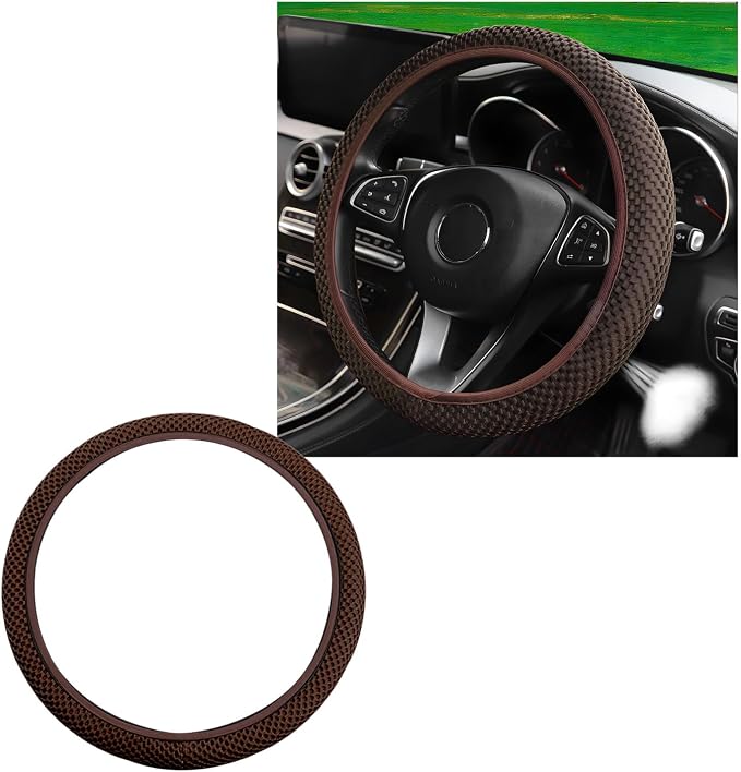 Wevdn Elastic Stretch Steering Wheel Cover, 15"×15" Microfiber Breathable Ice Silk Steering Wheel Protector, Anti-Slip Elastic Steering Wheel Cover for Men Women, Car Accessories (Brown)