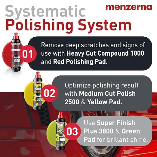 Menzerna Polishing Set 16oz – HCC1000, MCC2500 & SFP3800 | 3-Step System incl. 3 Matching 6-Inch Pads for Scratch Removal, Swirl Elimination & Mirror-Like Finish