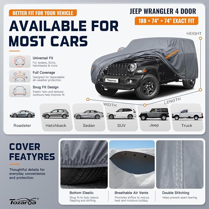 Jeep Wrangler 4 Door Cover Waterproof All-Weather,Outdoor Full Exterior SUV Car Cover for Wrangler JKU JLU(2007-2026),with Windshield Sun Shade,Towel&Storage Bag,Size J4 (See SizeChart)