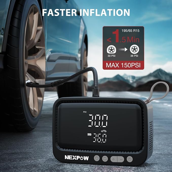 NEXPOW Tire Inflator Portable Air Compressor, 150 PSI Air Pump for Car Tires with Digital Pressure Gauge & Auto Shut-Off, Air Compressor Portable for Car, Motorcycle, Bicycle, Balls, Gray