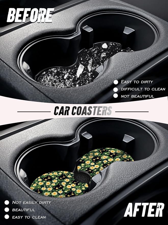 Car Cup Coasters,2 Pack Car Coaster,2.75inch Anti Slip and Absorbent Cars Coasters for Cup Holders,Neopren Accessories for Women,Cute Decor for Women (Little Daisy and Cats)