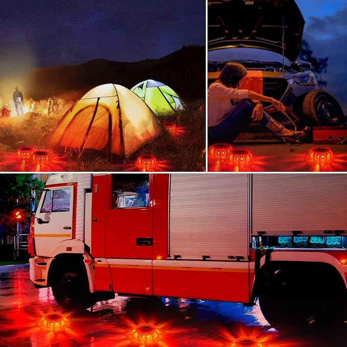 HEIGPAN GP908B Emergency Rechargeable LED Road Flares Lights Kit Roadside Warning Car Traffic Safety Beacon Flashing Disc Flare 9 Modes Strobe with Magnetic Base for all vehicles，8 Pack
