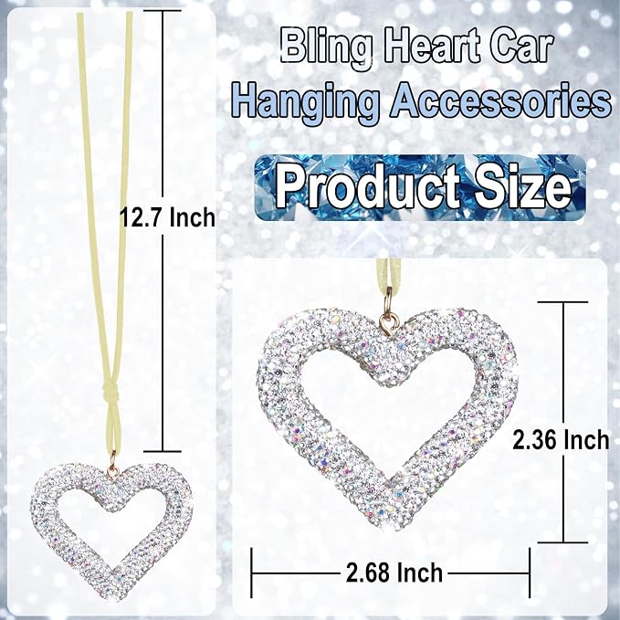 Bling Heart Car Hanging Accessories, Car Accessories for Women, Bling Rear View Mirror, Universal Bling Heart Diamond Car Accessories for Cars, Trucks, SUVs (Silver)